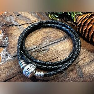 Authentic Pandora Black Leather Bracelet Necklace Triple Wrap Silver Barrel 21”